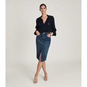Reiss Dark Blue Denim Midi Skirt with Front Slit